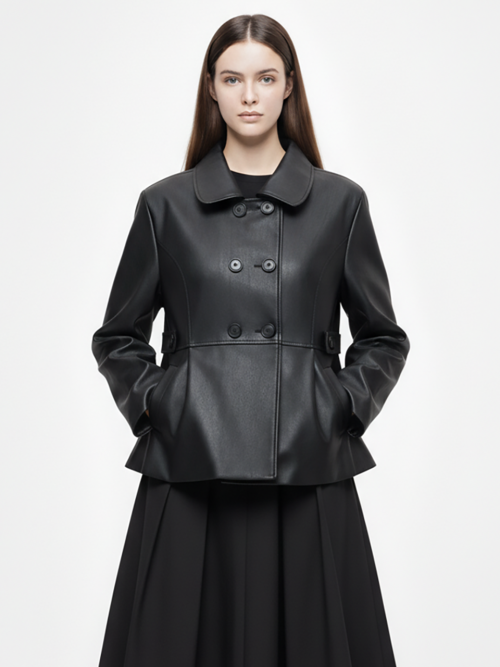 Полукуртка двубортная из экокожи (Black)/W261OT08