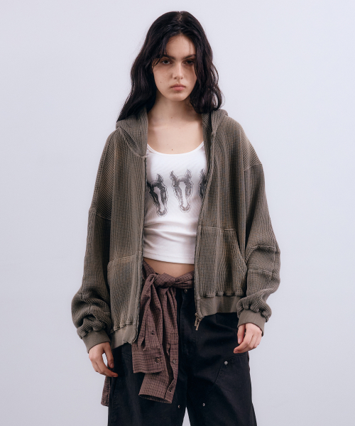 (w) Вафельное зип-худи с эффектом выцветания Khaki