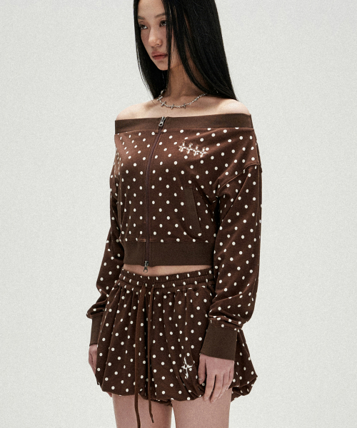W Polka Dot Jersey Crop Track Jacket - Brown