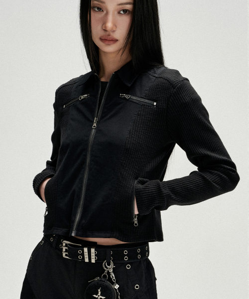 W Rib Panel Twill Zipper Jacket - Black