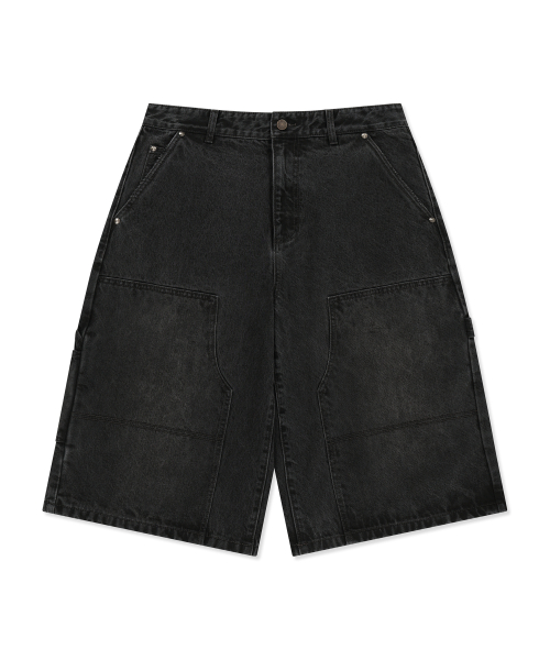 DOUBLE KNEE DENIM SHORTS - BLACK