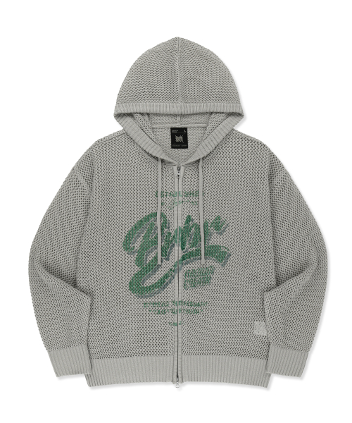 PRINTED WAFFLE HOOD ZIP UP - LIGHT GREY