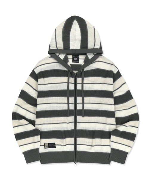 STRIPED JACQUARD HOOD ZIP UP - GREY