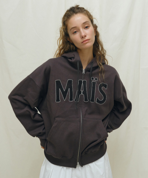 BOUCLE LOGO ZIP-UP HOODIE / CHARCOAL