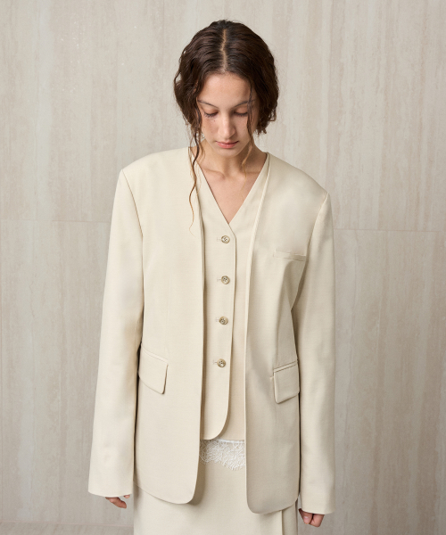 WOOL BLEND COLLARLESS JACKET SAND BEIGE