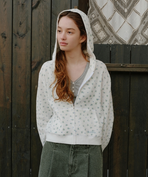 flower pattern hood zip up - ivory