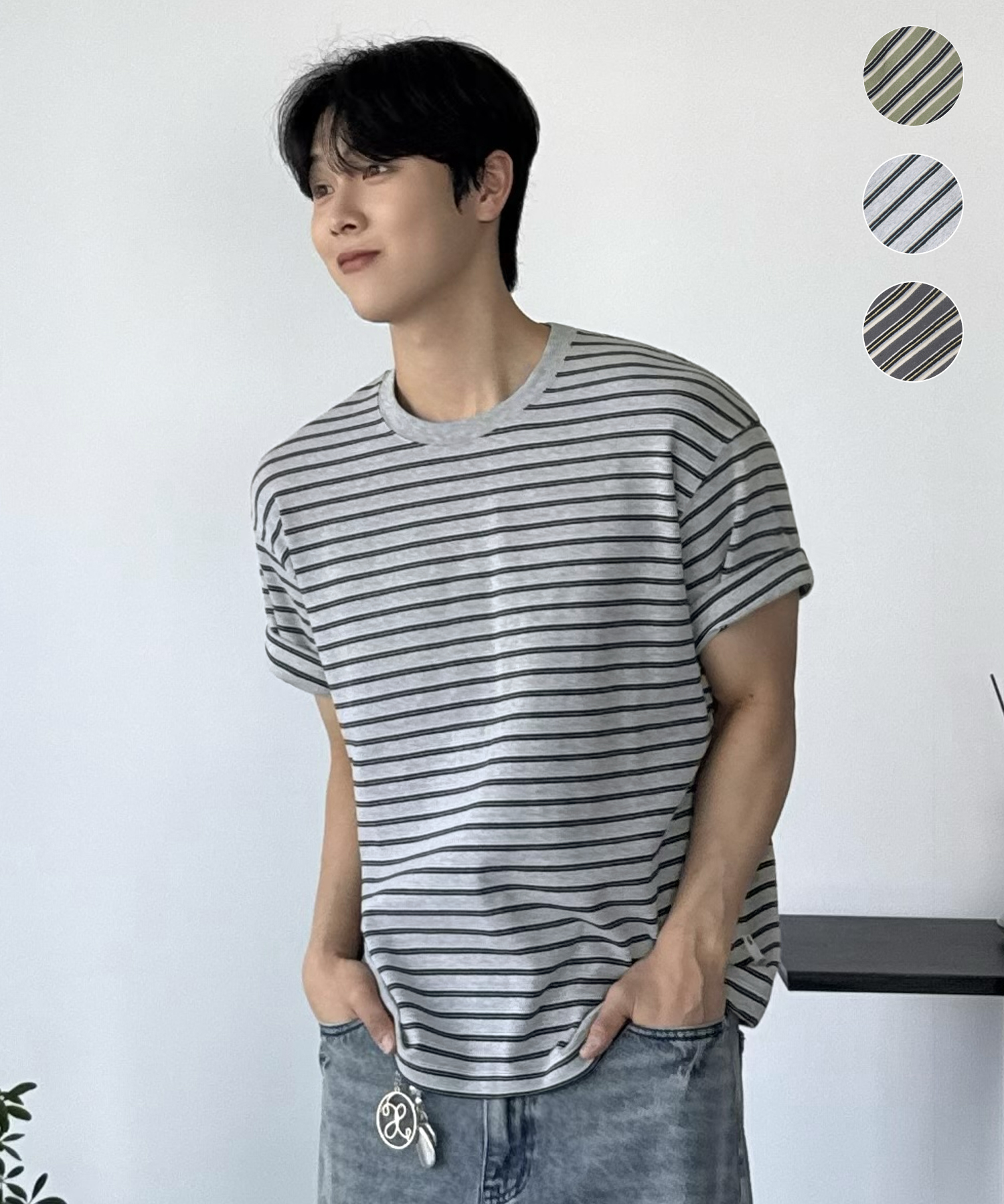 Semi Crop Tone On Tone Stripe T-shirt-3Color