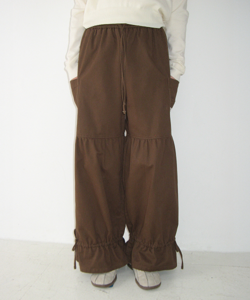 STRING FRILL SHIRRING WIDE PANTS BROWN