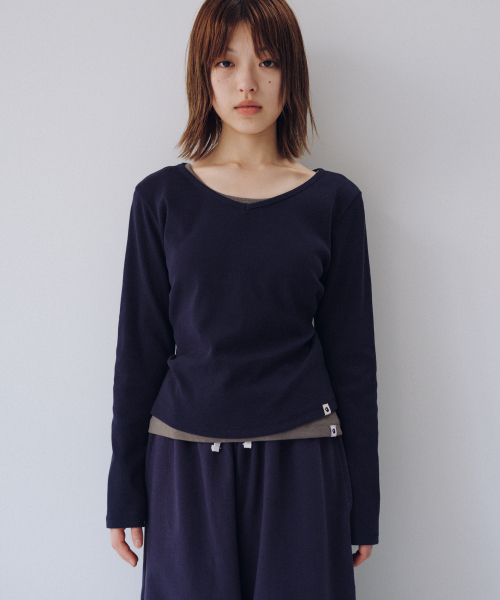 BASIC RIBBED V-NECK LONG SLEEVE, NAVY