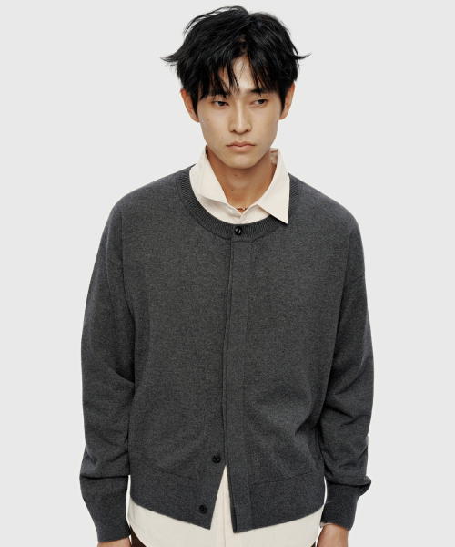 Hidden Button Round Neck Cardigan - Charcoal Grey