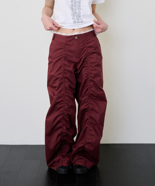 LACE LAYERED WIDE PANTS - BURGUNDY