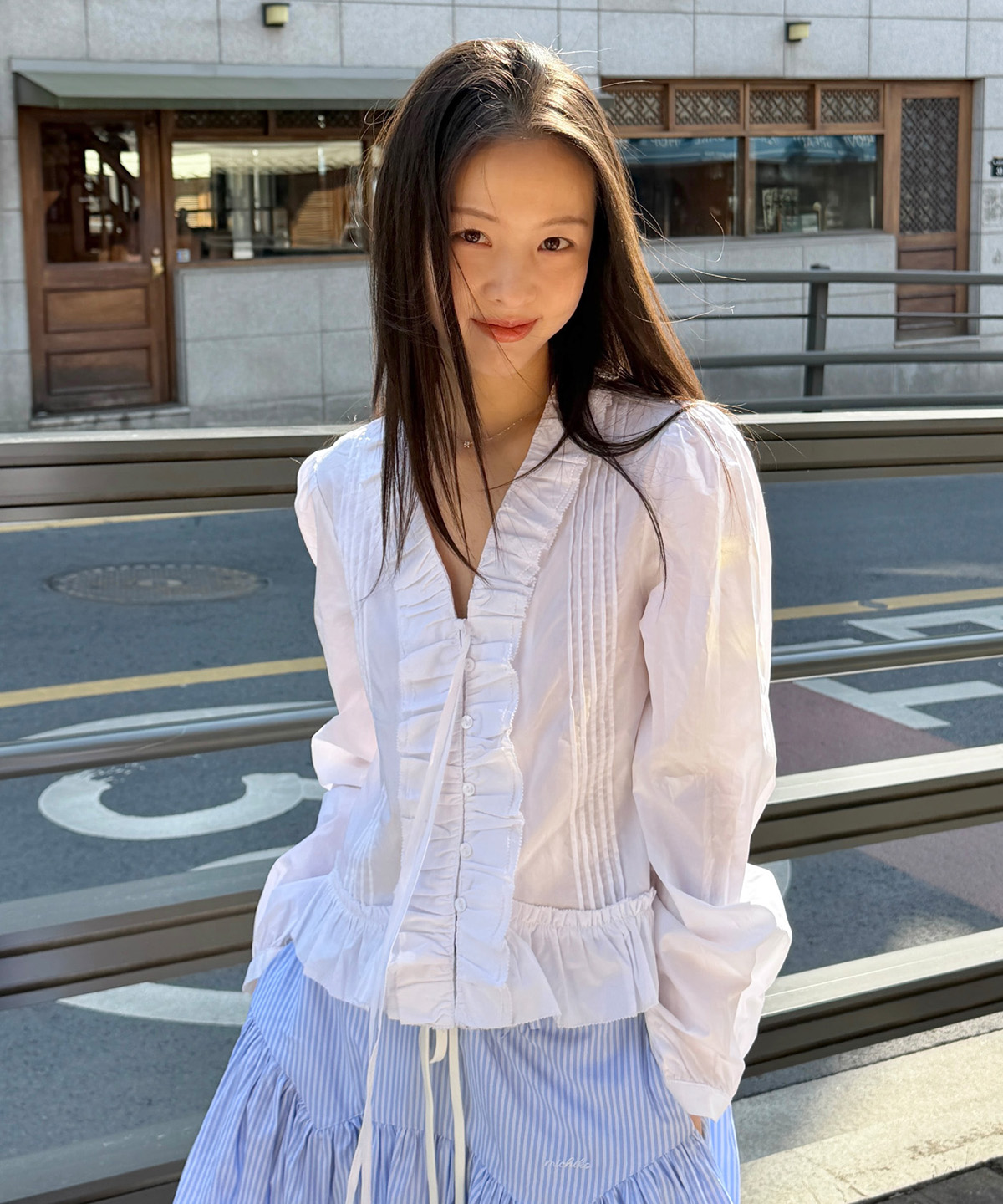 Pin-tuck Frill Blouse White