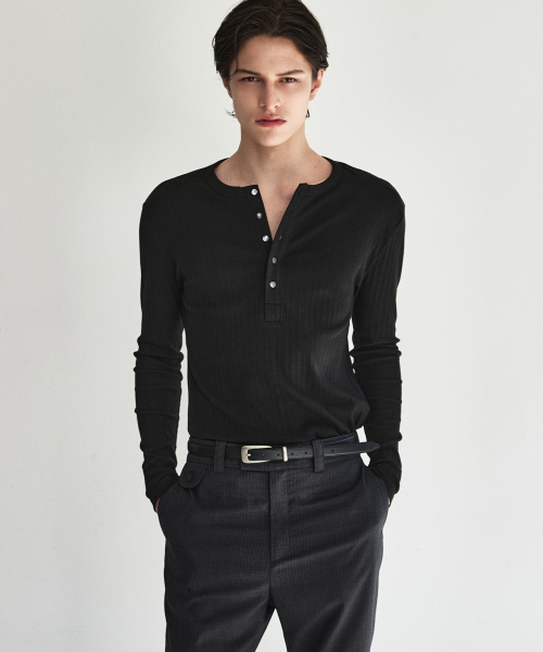 [E-Fit x Kineto] Fine Cotton Ribbed Henley Top Black
