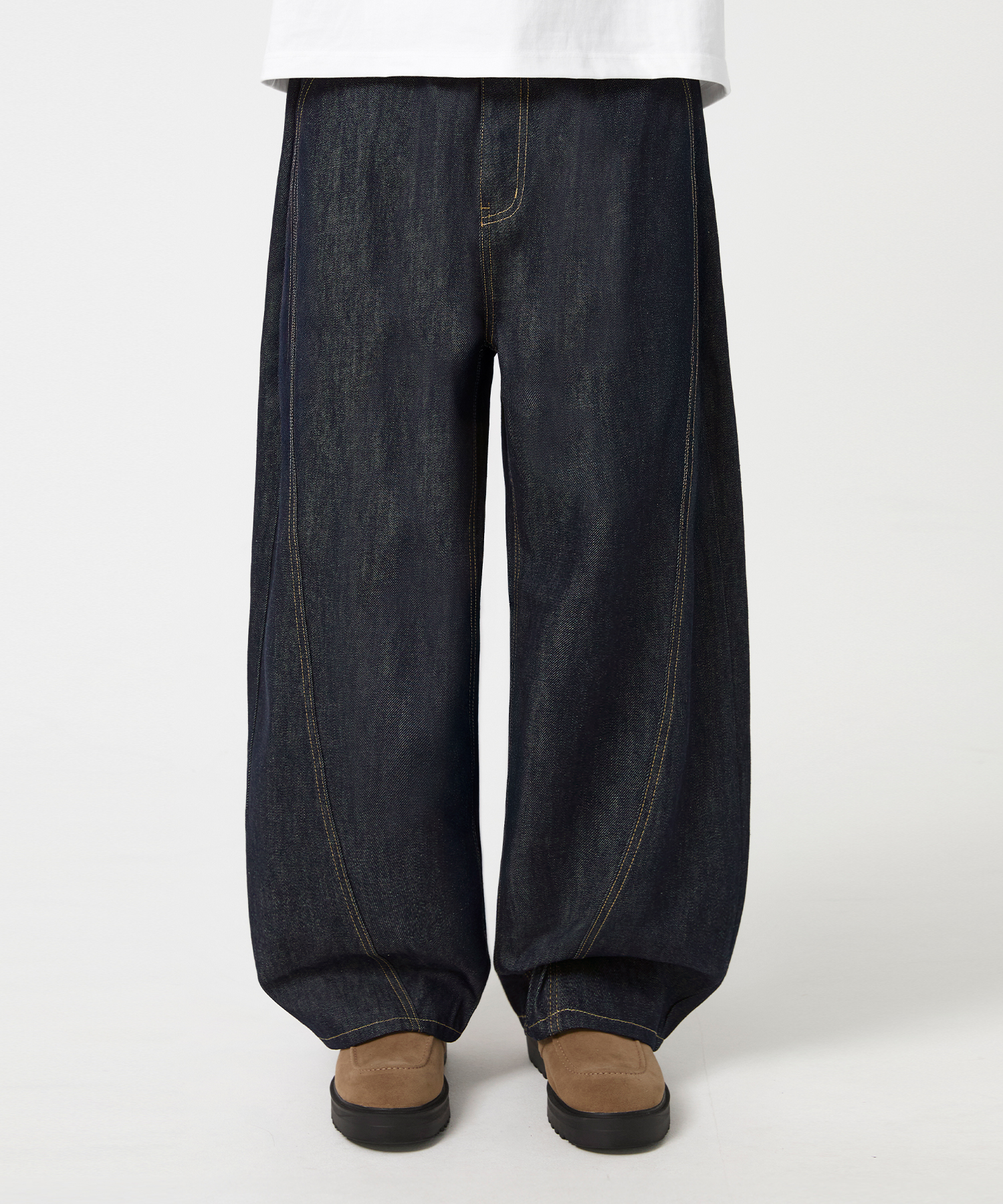 CURVED INCISION WIDE RAW DENIM PANTS_INDIGO