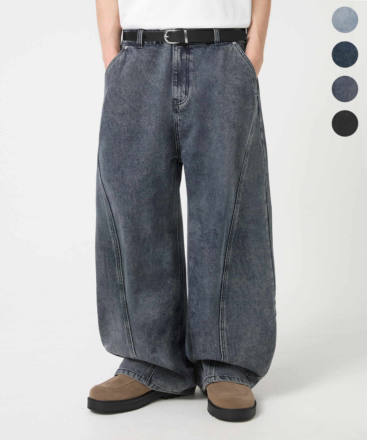 CURVED FIT WIDE INCISION WASHING DENIM PANTS_4color