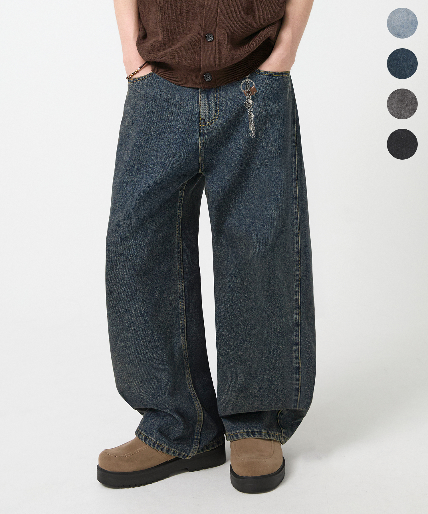SIDE PANEL CURVED FIT WASHED DENIM PANTS_4color