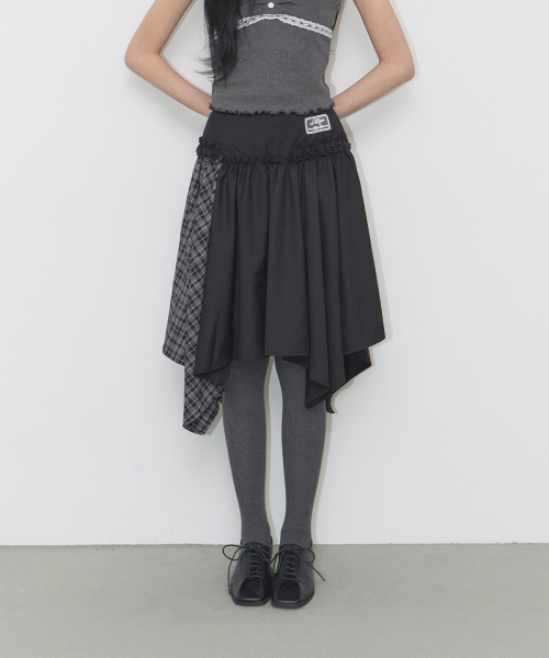 CHECK COLOR-BLOCK MIDI SKIRT BLACK