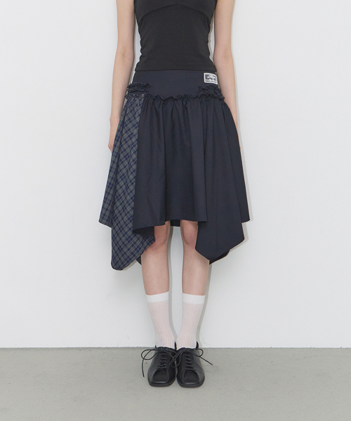 CHECK COLOR-BLOCK MIDI SKIRT NAVY