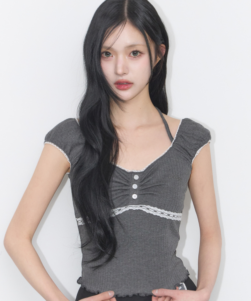 버튼 홀터 슬리브리스 차콜