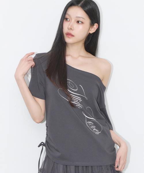 RIBBON STRING OFF SHOULDER T-SHIRT CHARCOAL
