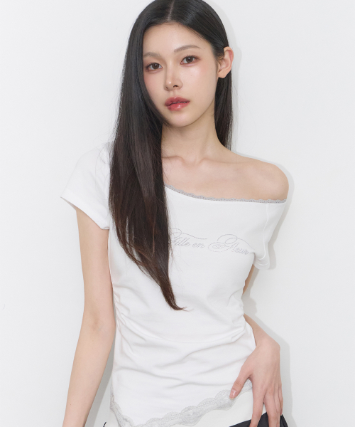LACE BOAT NECK SHIRRING TOP WHITE