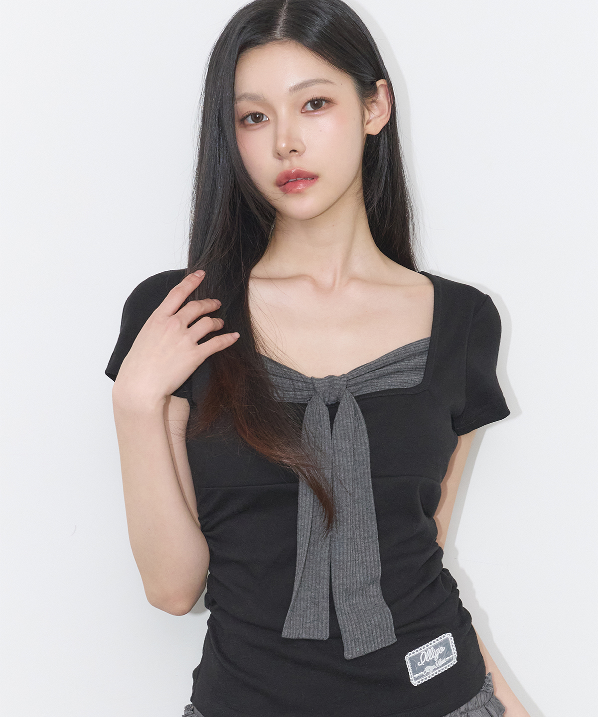 LAYERED RIBBON TIE T-SHIRT BLACK