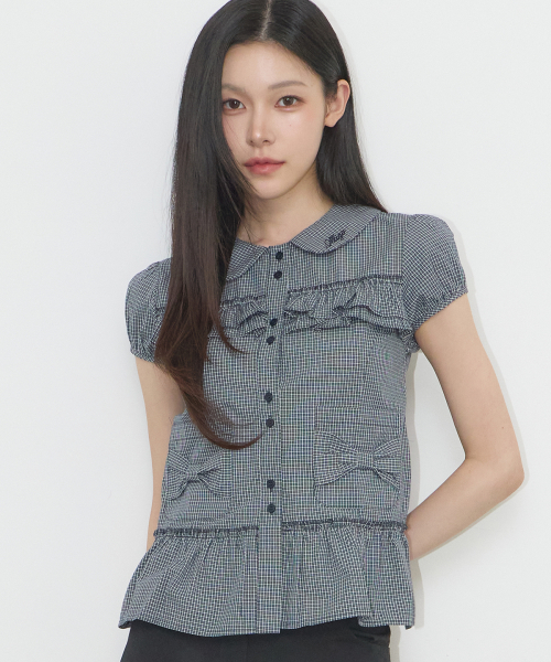 BOW POCKET RUFFLE BLOUSE CHECK NAVY