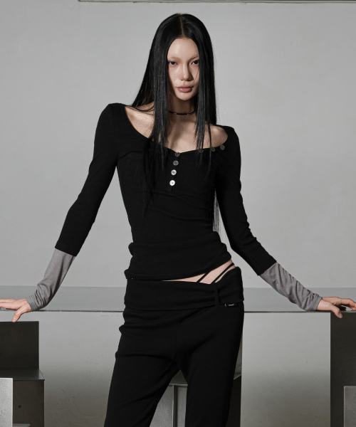 DUAL TONE BUTTON LONG SLEEVE [GRAY]