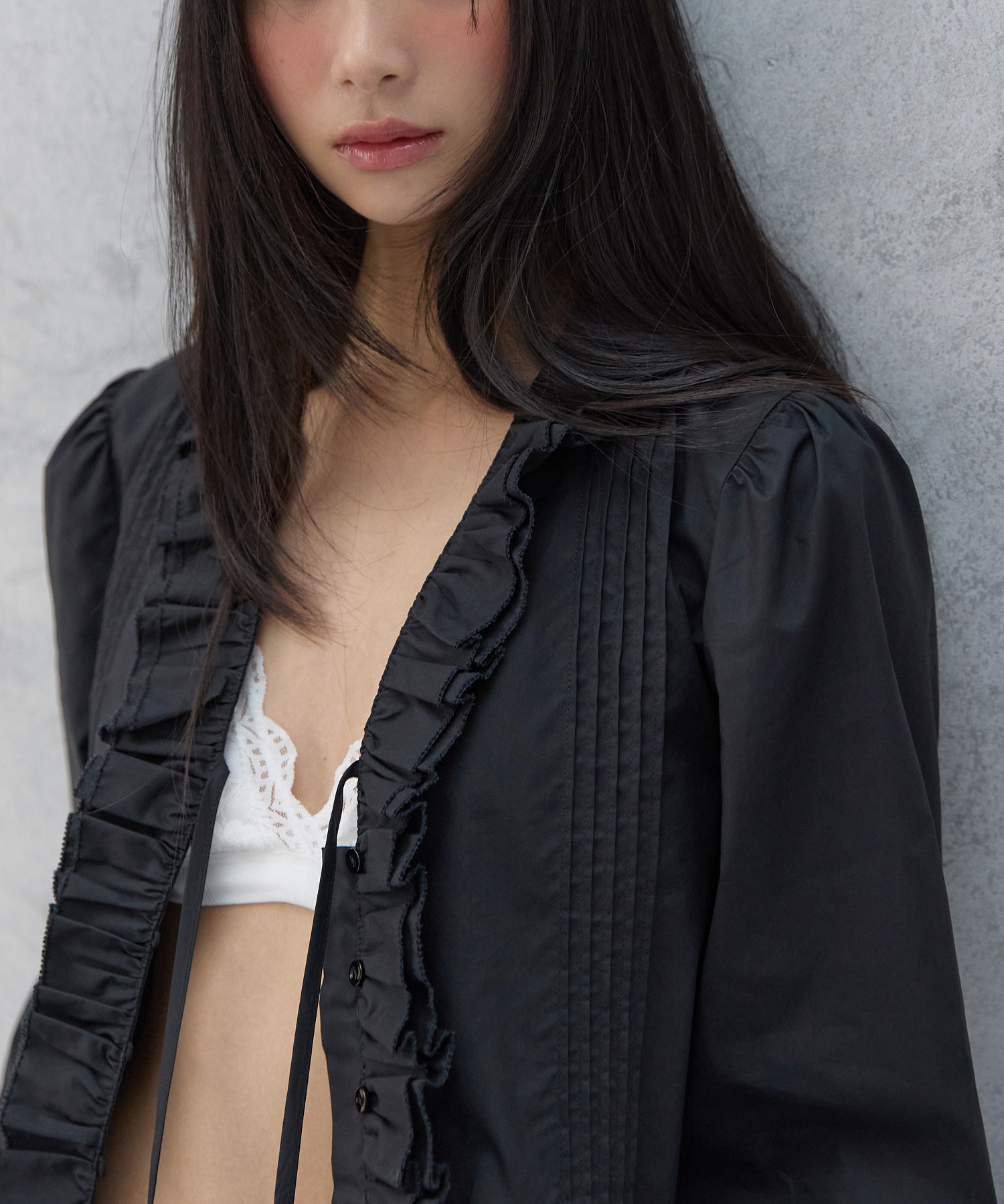 Pin-tuck Frill Blouse Black