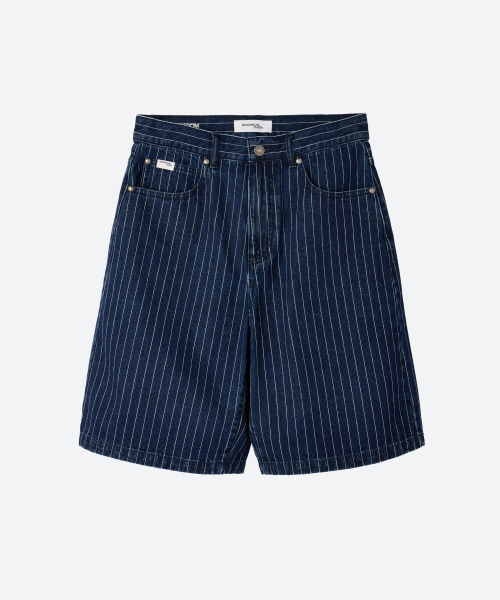 M.C UNISEX, Pinstripe Denim Bermuda Pants / DARK INDIGO