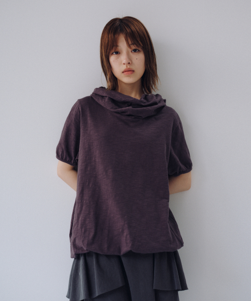 COWL NECK HOODED TEE, CHARCOAL