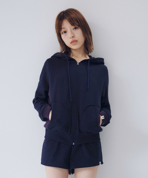 TWO-TONE WAFFLE HOODED ZIP-UP, NAVY