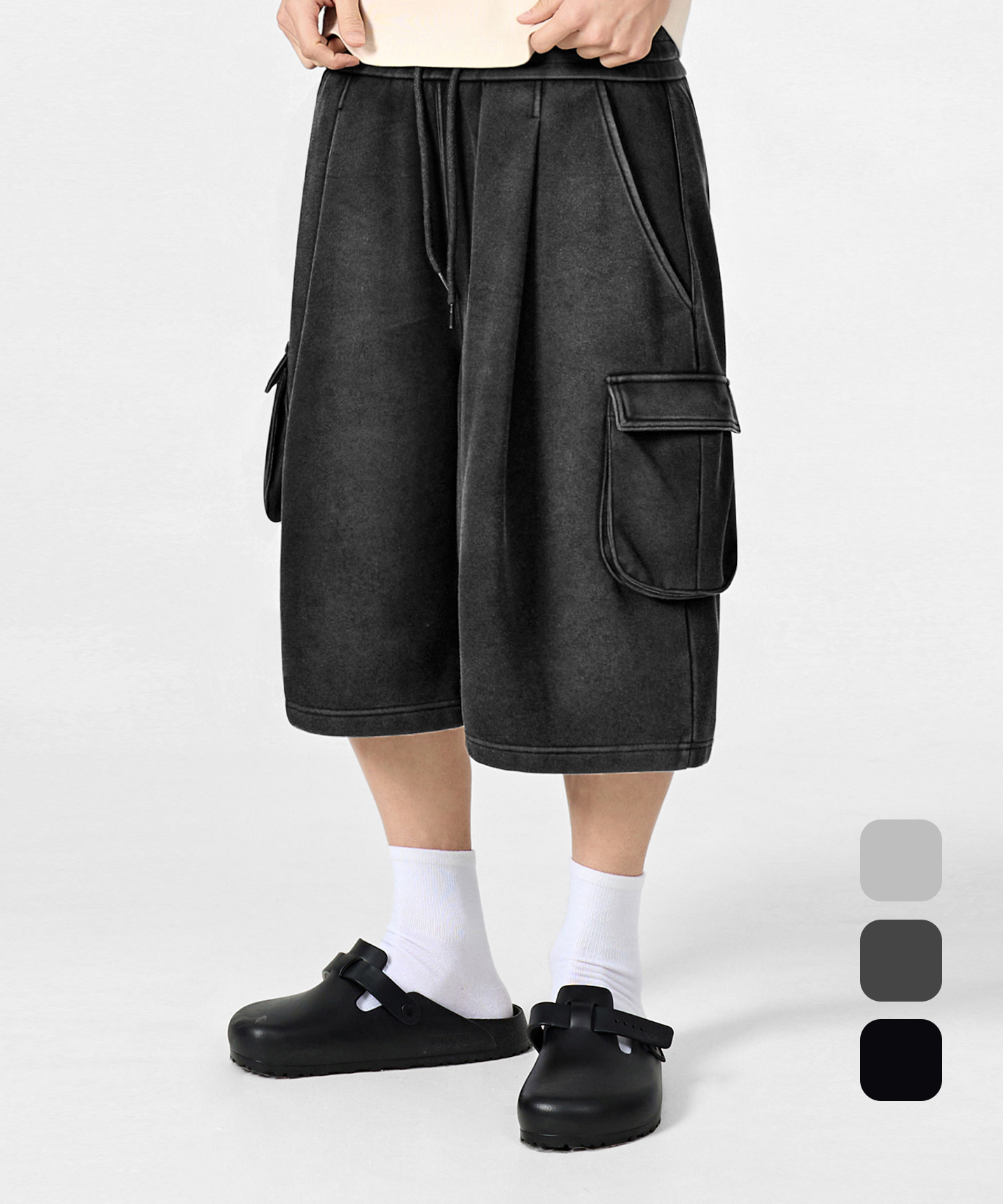 ONE-TUCK BERMUDA CARGO SWEAT PANTS 3 COLOR