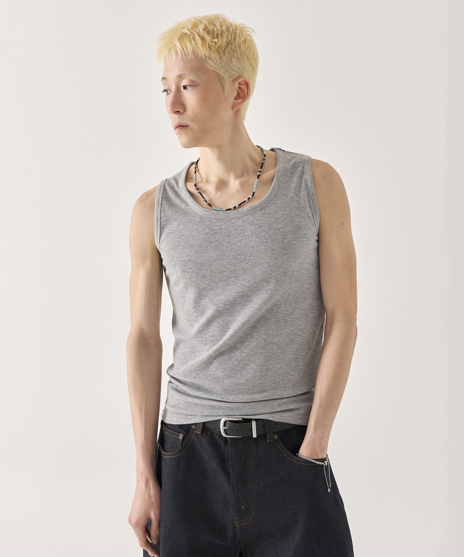 Ribbed Sleeveless Top_Melange Gray