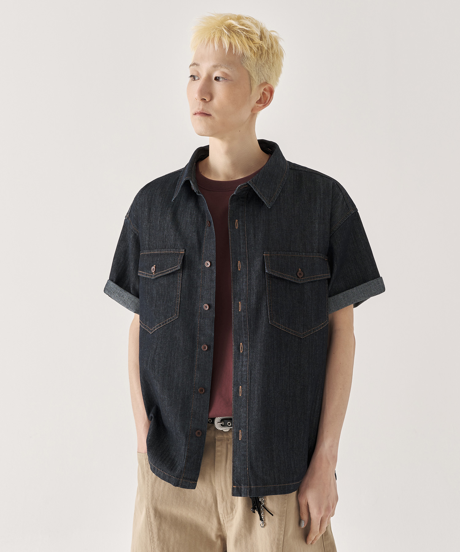 Denim Crop Short-Sleeve Shirt_Indigo