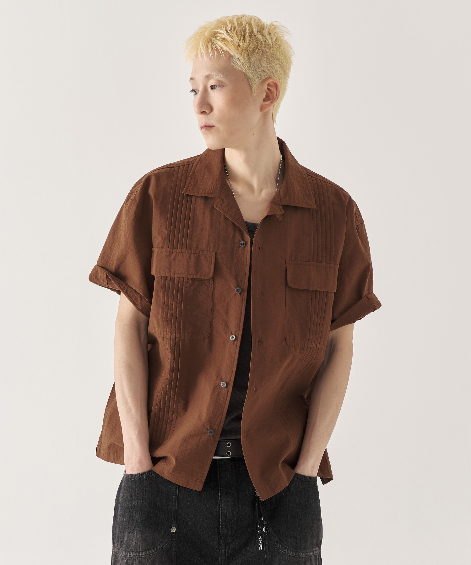 Guayabera Open Collar Crop Shirt_Brown