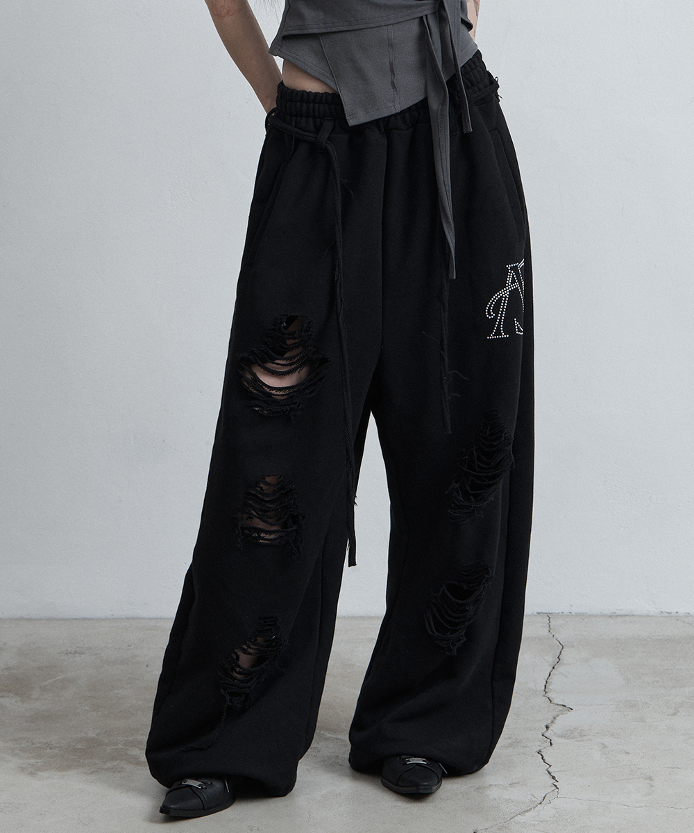 BELTED DESTROYED SWEATPANTS BLACK