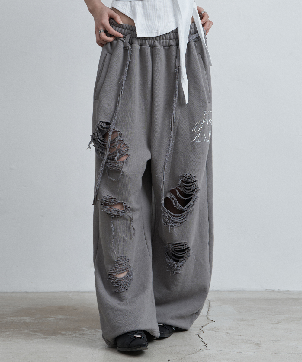BELTED DESTROYED SWEATPANTS DARK GREY