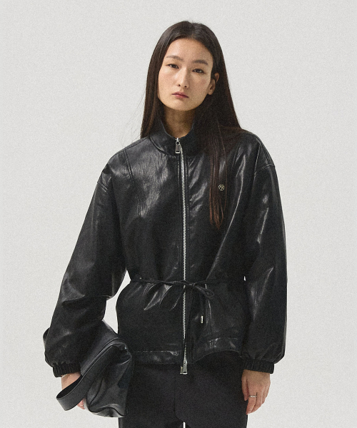 Lev Faux Leather Windbreaker Jacket_BLACK