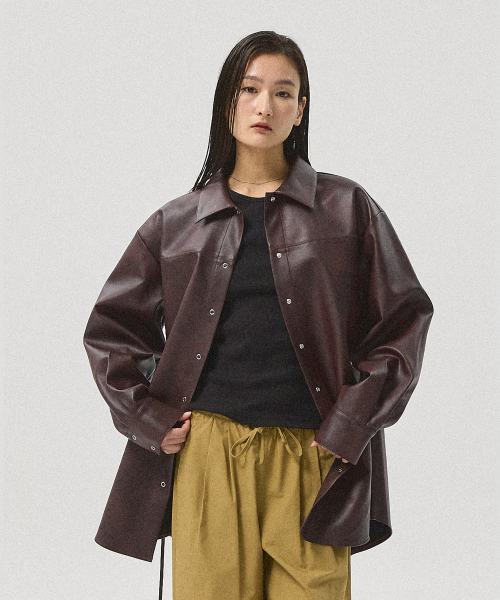 Arve Oversized Crack Faux Leather Shirt Jacket_WIINE