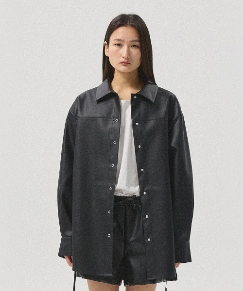 Arve Oversized Crack Faux Leather Shirt Jacket_BLACK