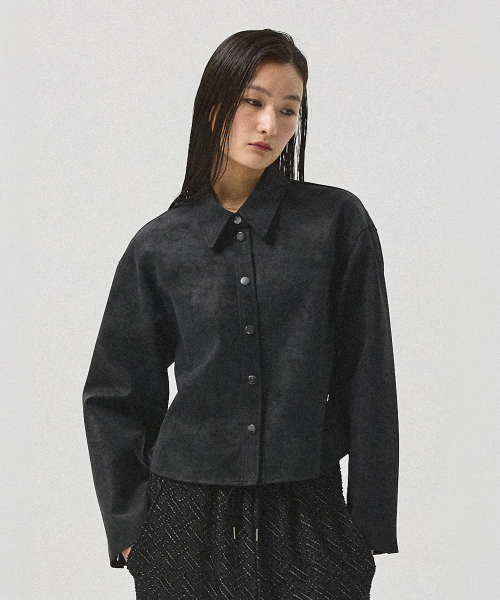 Arx Crack Faux Leather Shirt Jacket_BLACK