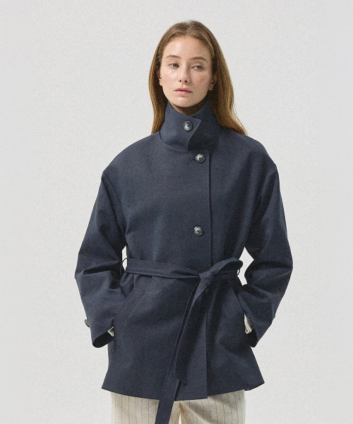 Arche Belted Half Trench Coat_NAVY