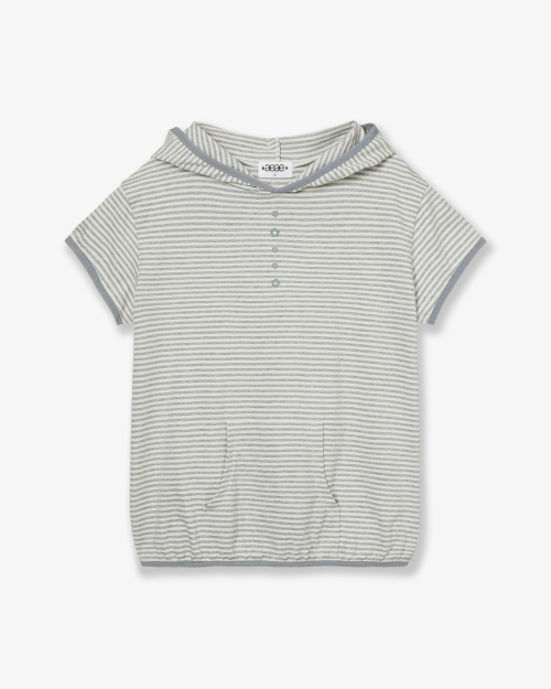 STRIPE HALF SLEEVE HOODIE [GREY]