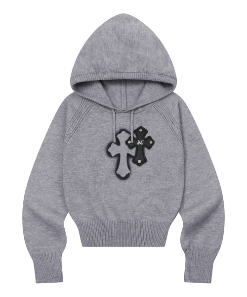 KIAN SPRAY CROSS LEATHER PATCH KNIT HOOD T