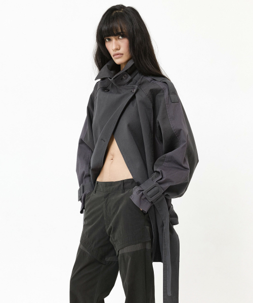 стирка хлопок HIGH-NECK половина TRENCH пальто уголь
