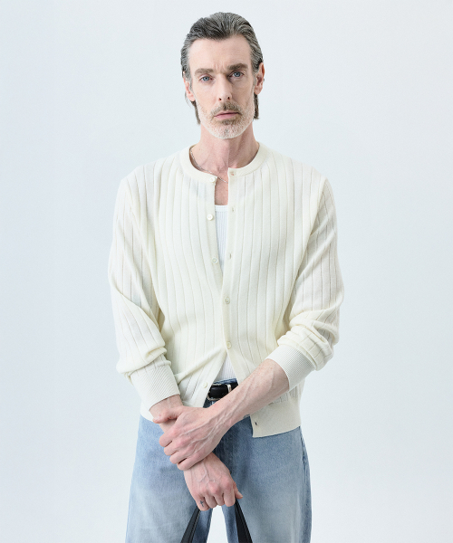 Round Neck рельефный трикотаж кардиган - Ivory