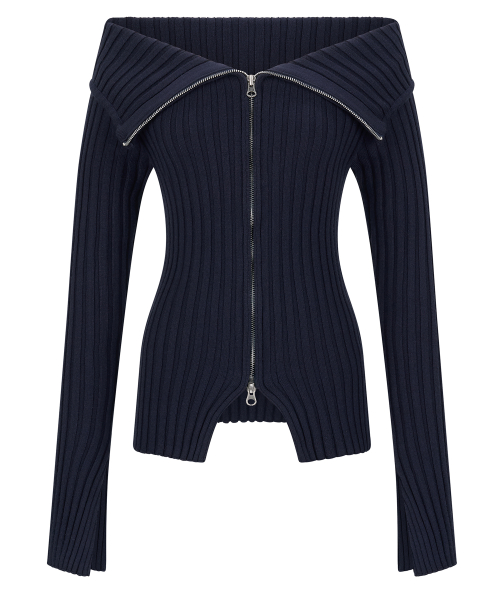 Off-shoulder двухсторонний рифлёный кардиган-молния (Navy)
