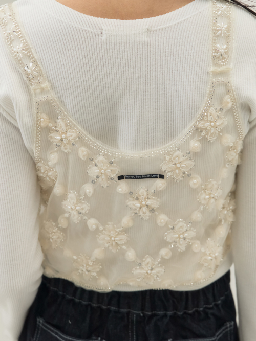 цветочный Beaded Lace Top_Cream