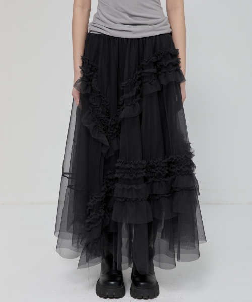 Tulle Layered Long Skirts (FL-266_Black)